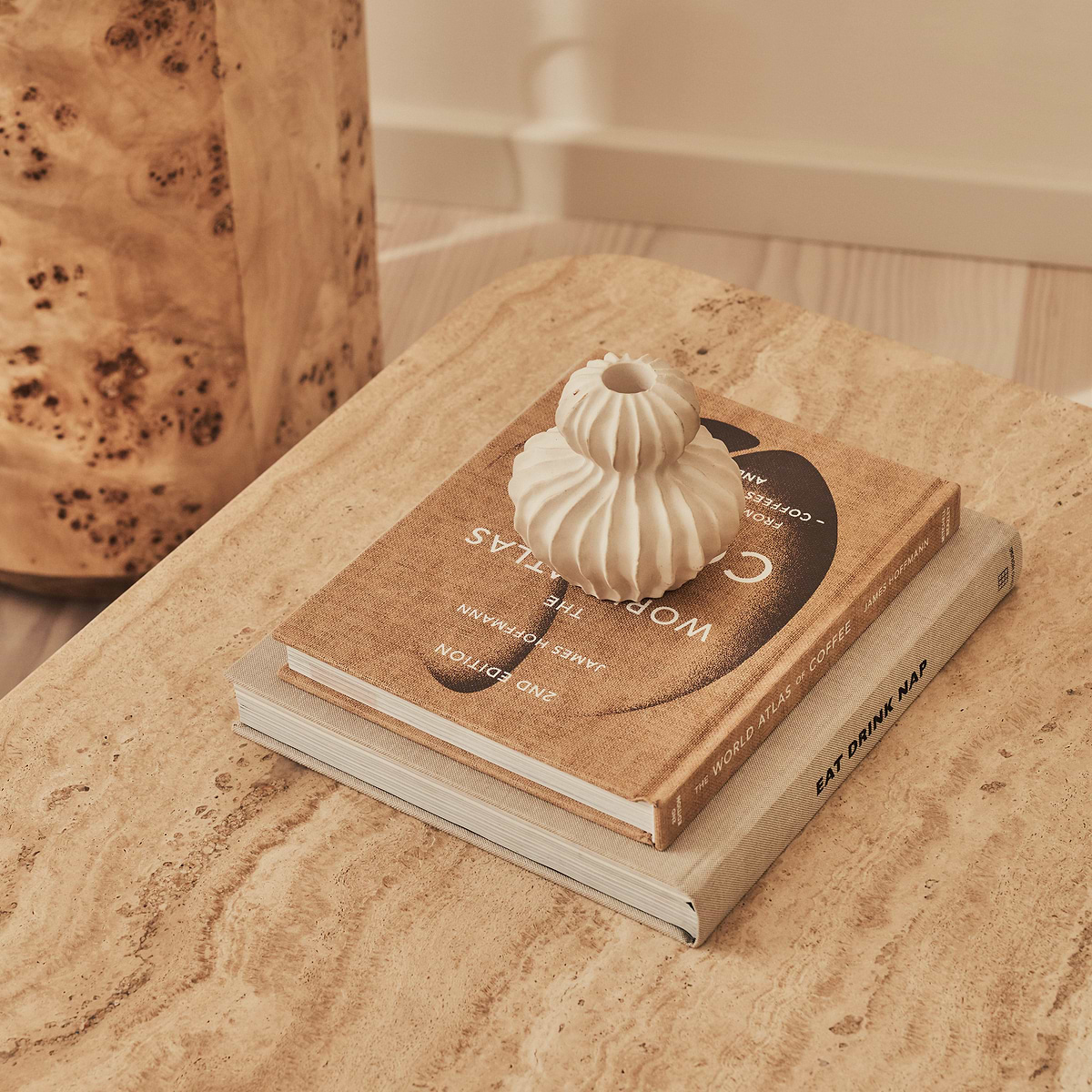 Melrose - Beige Travertine Rectangular Warm Wood Premium Coffee Table