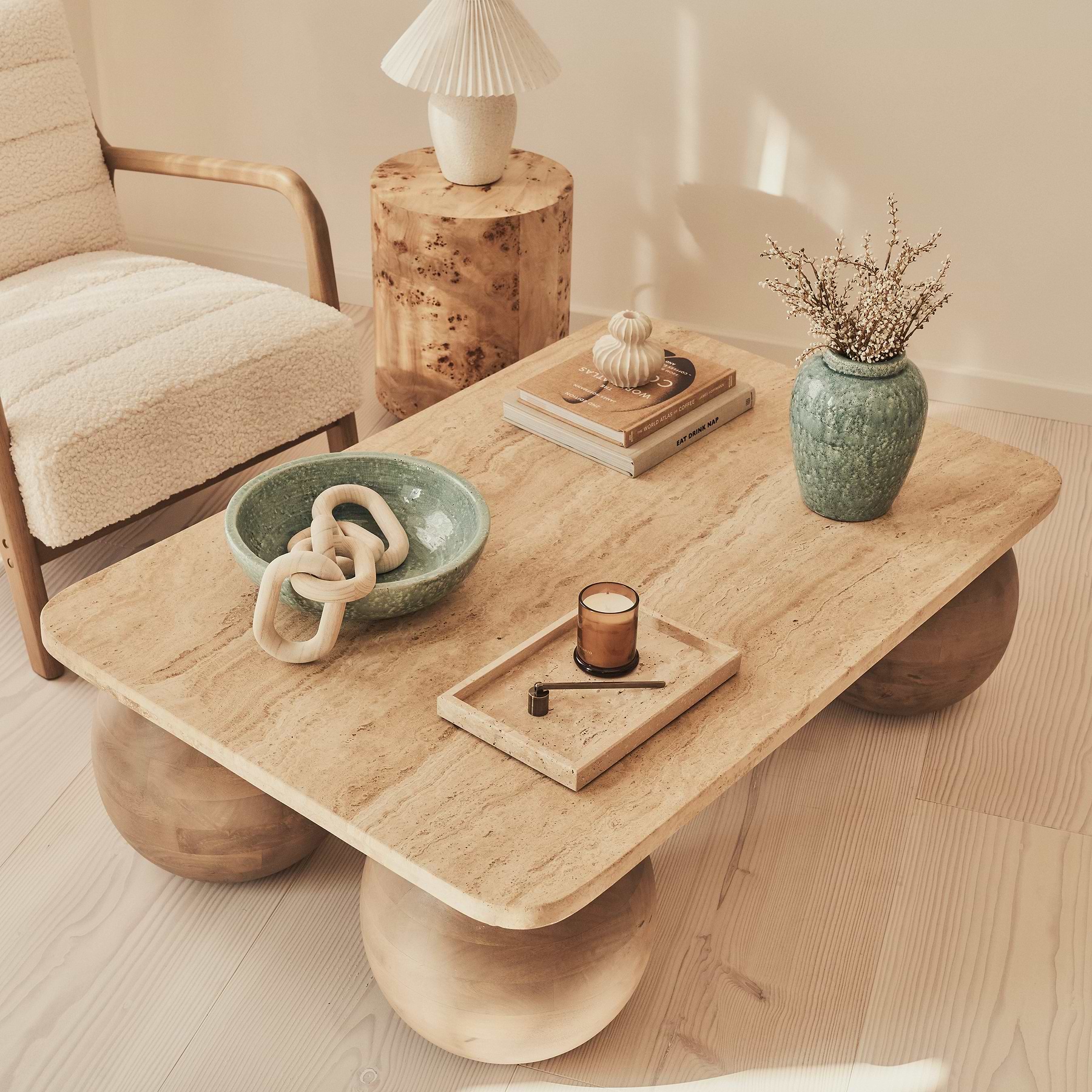 Melrose - Beige Travertine Rectangular Warm Wood Premium Coffee Table