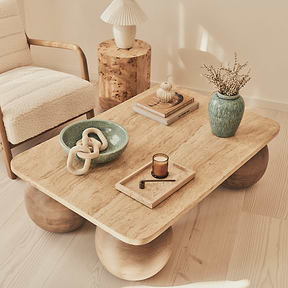 Melrose - Beige Travertine Rectangular Warm Wood Premium Coffee Table