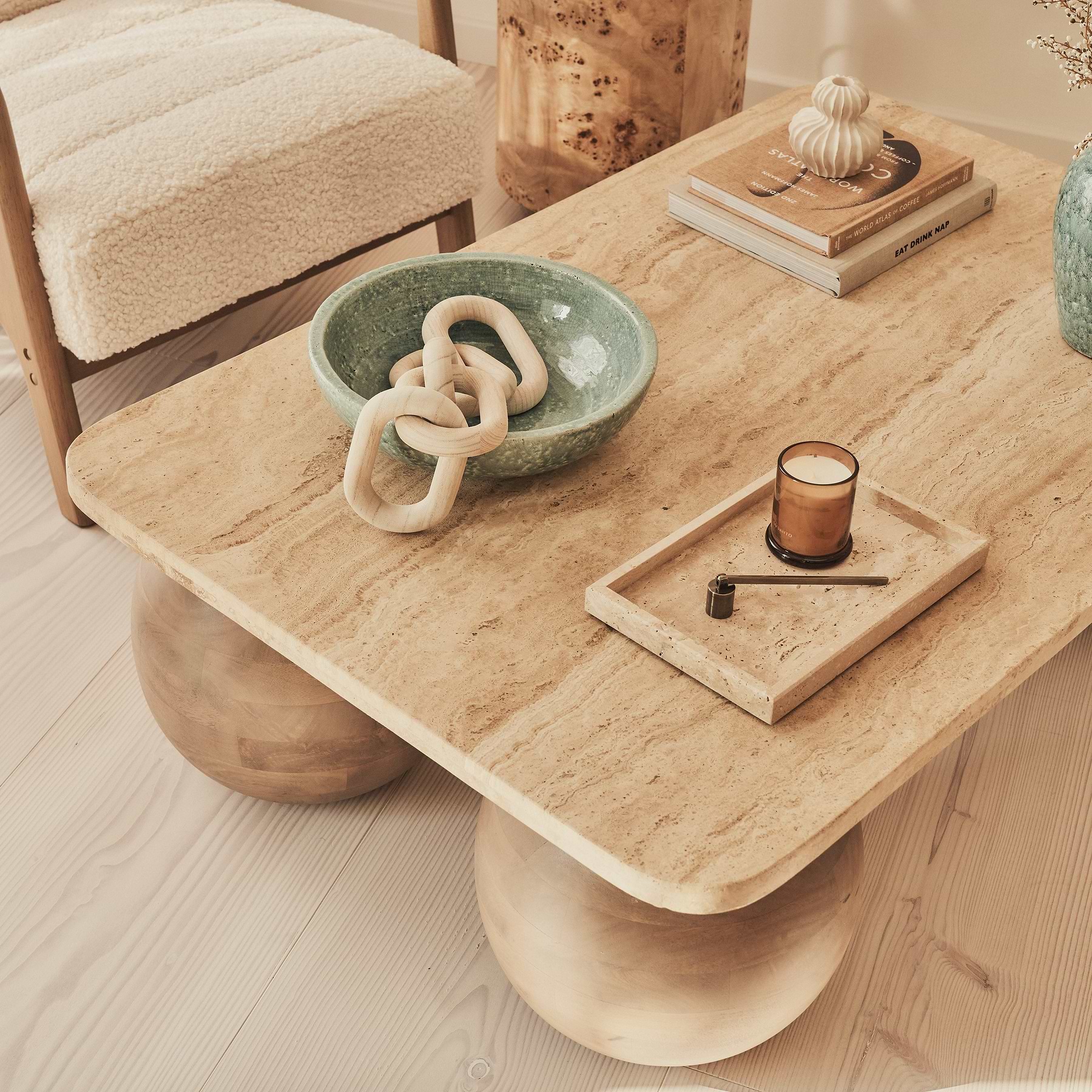 Melrose - Beige Travertine Rectangular Warm Wood Premium Coffee Table