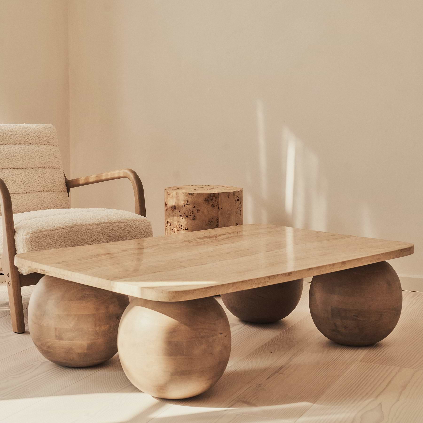 Melrose - Beige Travertine Rectangular Warm Wood Premium Coffee Table