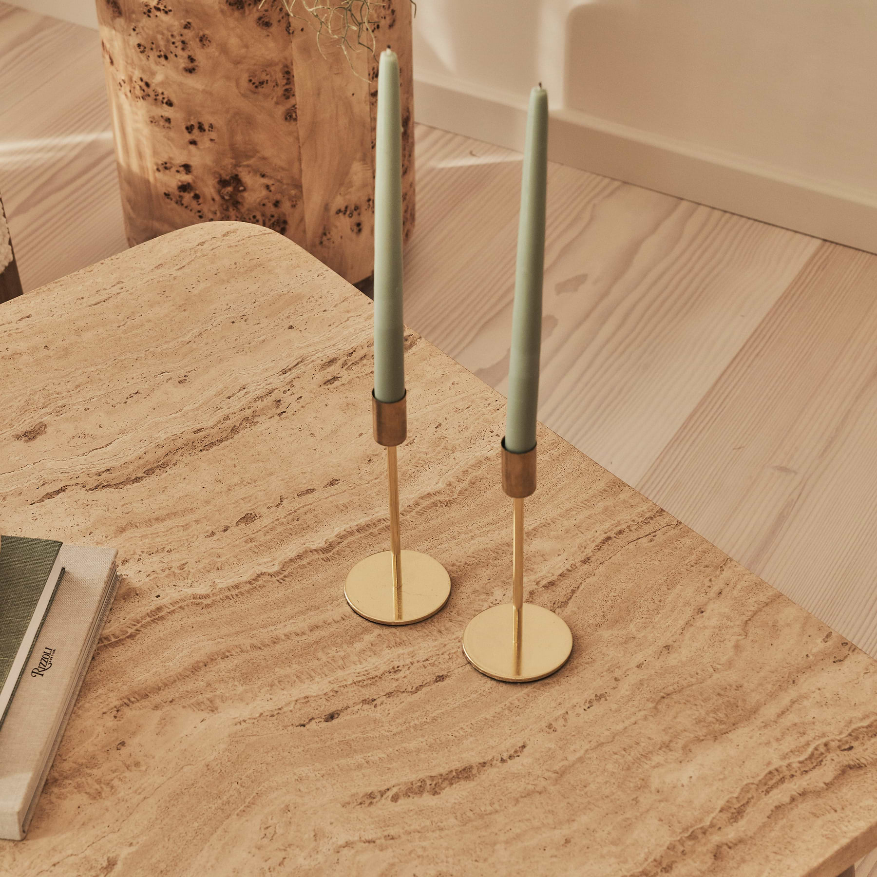 Melrose - Beige Travertine Square Warm Wood Premium Coffee Table