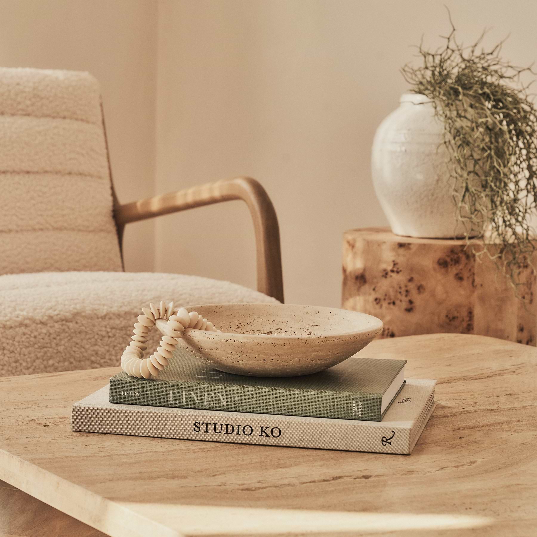 Melrose - Beige Travertine Square Warm Wood Premium Coffee Table