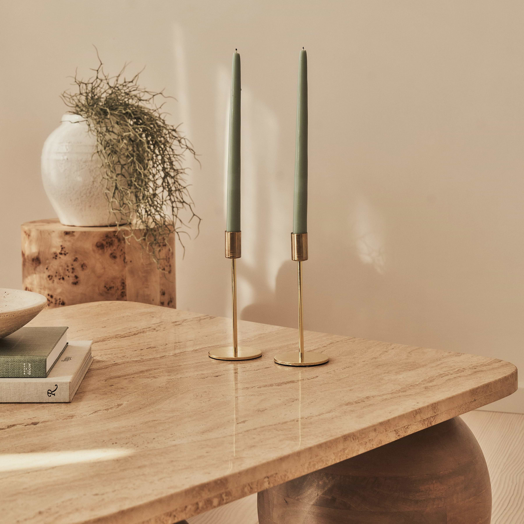 Melrose - Beige Travertine Square Warm Wood Premium Coffee Table