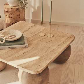 Melrose - Beige Travertine Square Warm Wood Premium Coffee Table