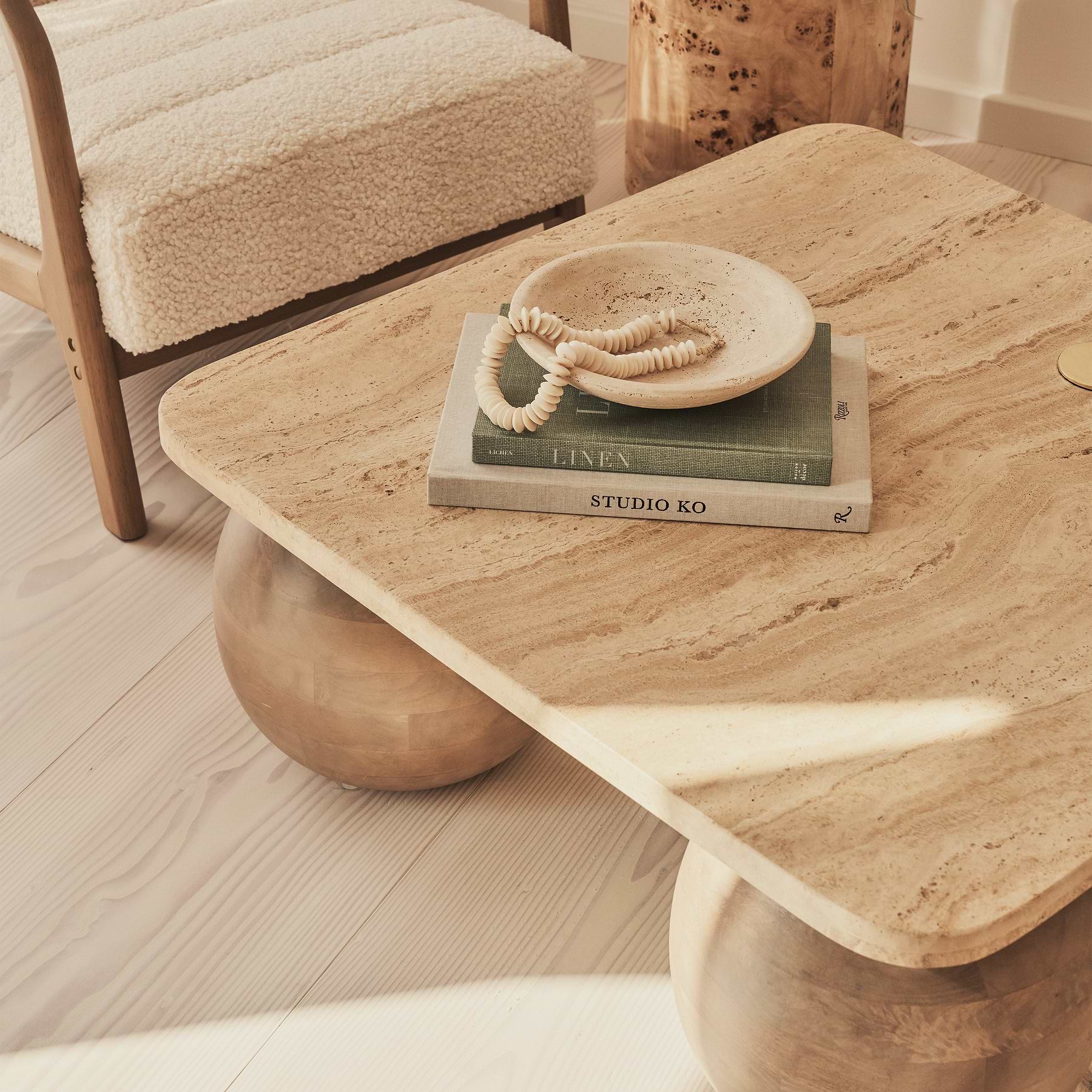 Melrose - Beige Travertine Square Warm Wood Premium Coffee Table