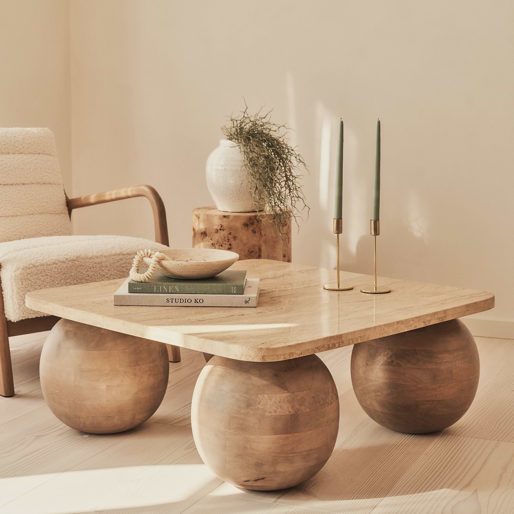 Melrose - Beige Travertine Square Warm Wood Premium Coffee Table