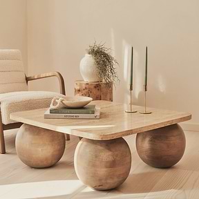 Melrose - Beige Travertine Square Warm Wood Premium Coffee Table