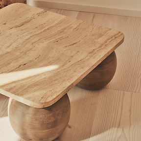 Melrose - Beige Travertine Square Warm Wood Premium Coffee Table