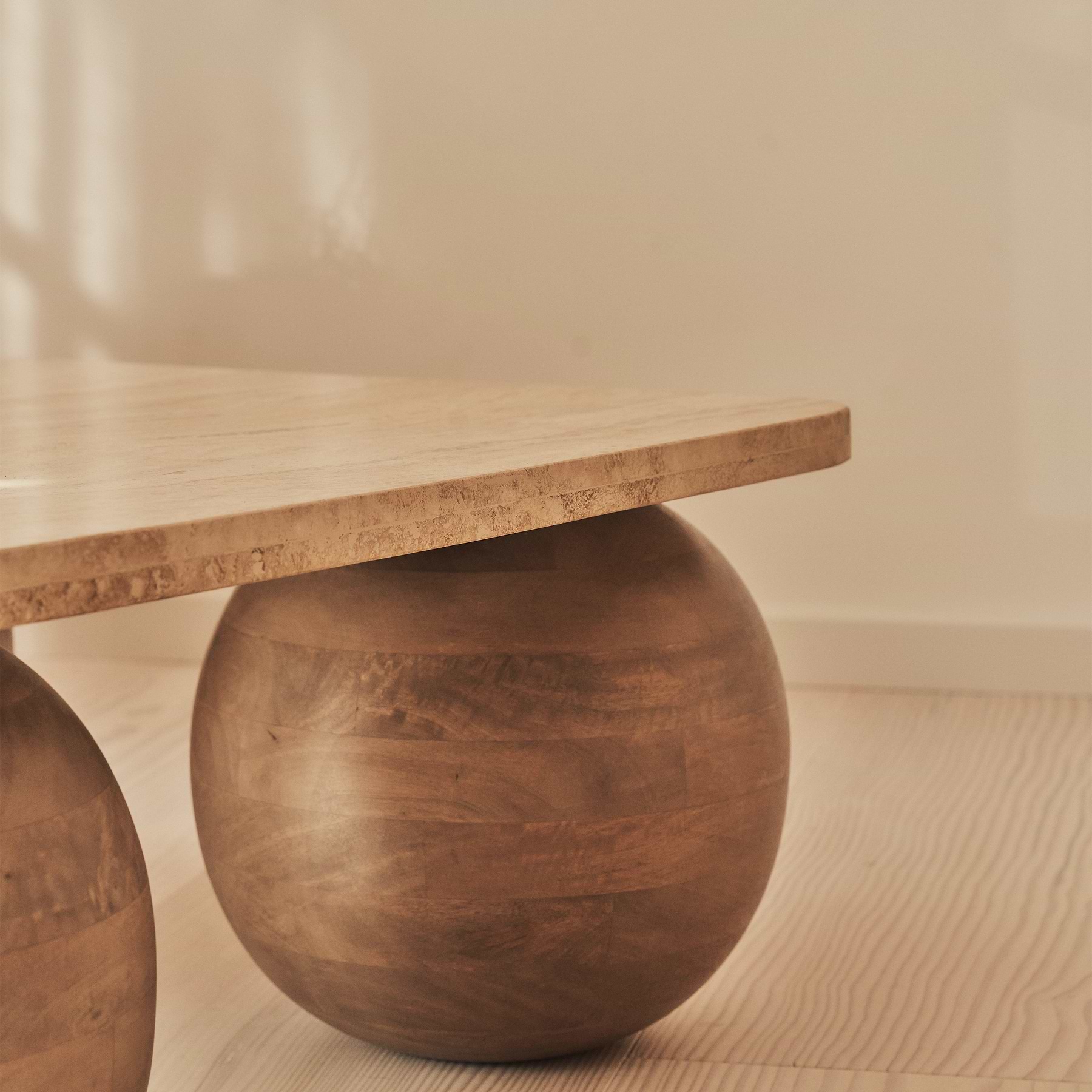 Melrose - Beige Travertine Square Warm Wood Premium Coffee Table