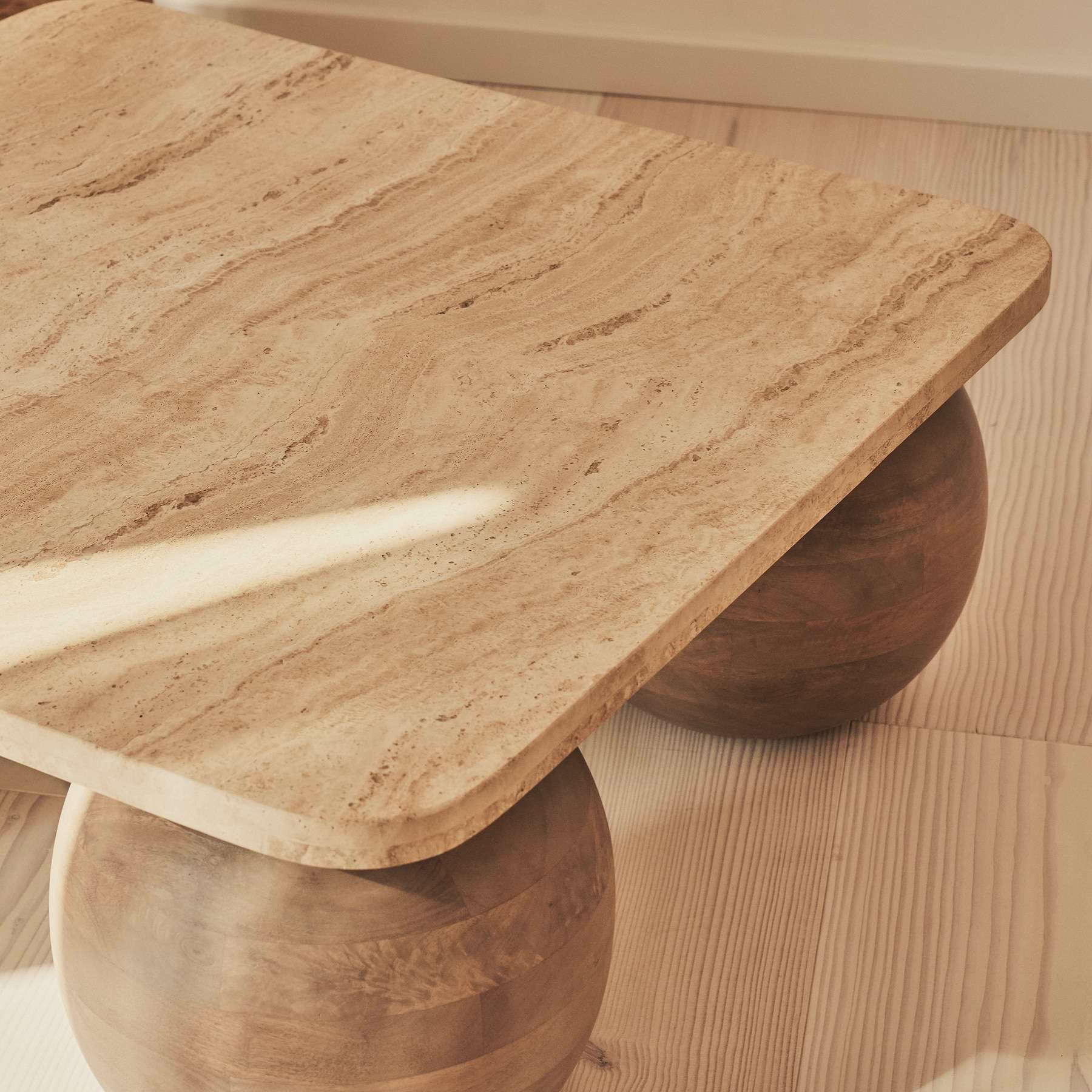 Melrose - Beige Travertine Square Warm Wood Premium Coffee Table