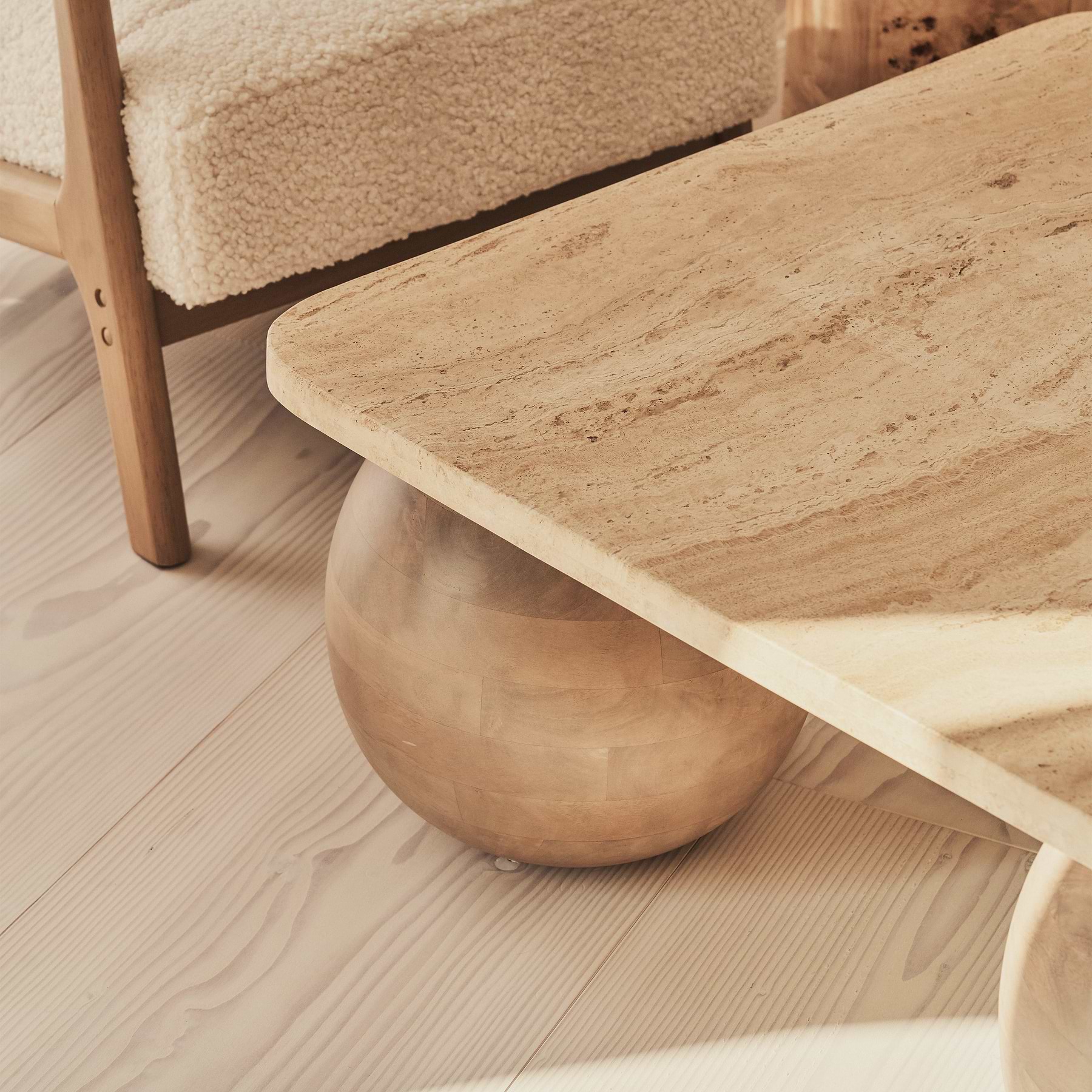 Melrose - Beige Travertine Square Warm Wood Premium Coffee Table