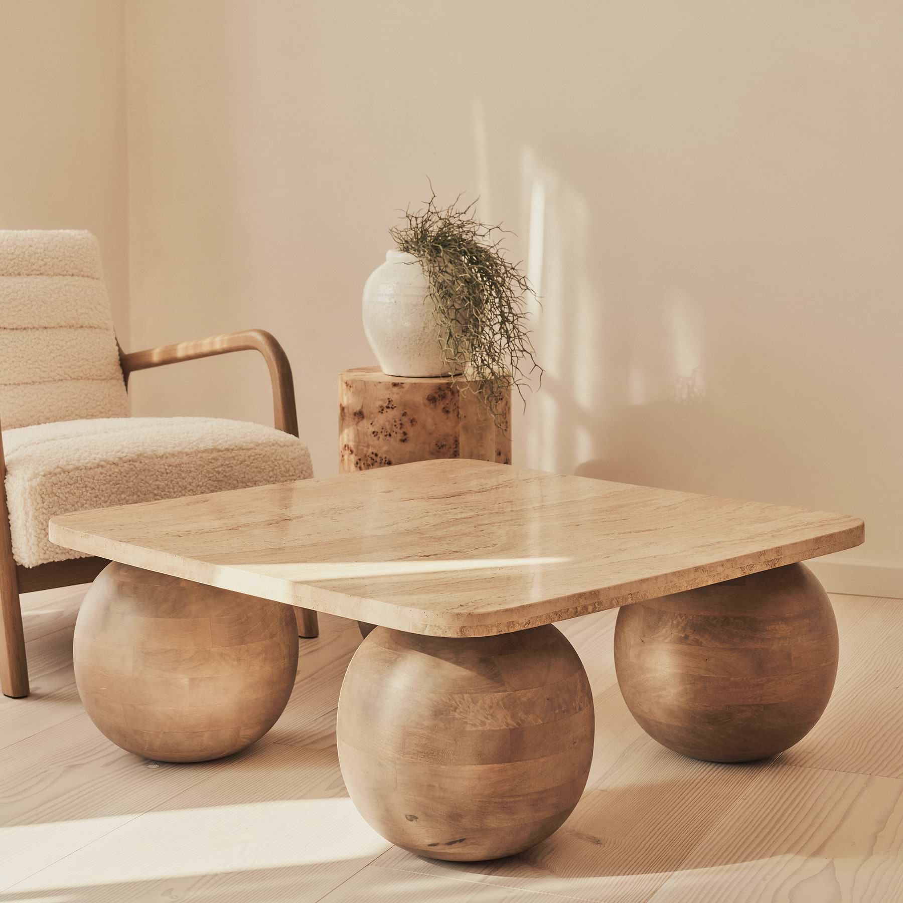 Melrose - Beige Travertine Square Warm Wood Premium Coffee Table