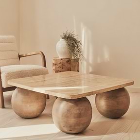 Melrose - Beige Travertine Square Warm Wood Premium Coffee Table