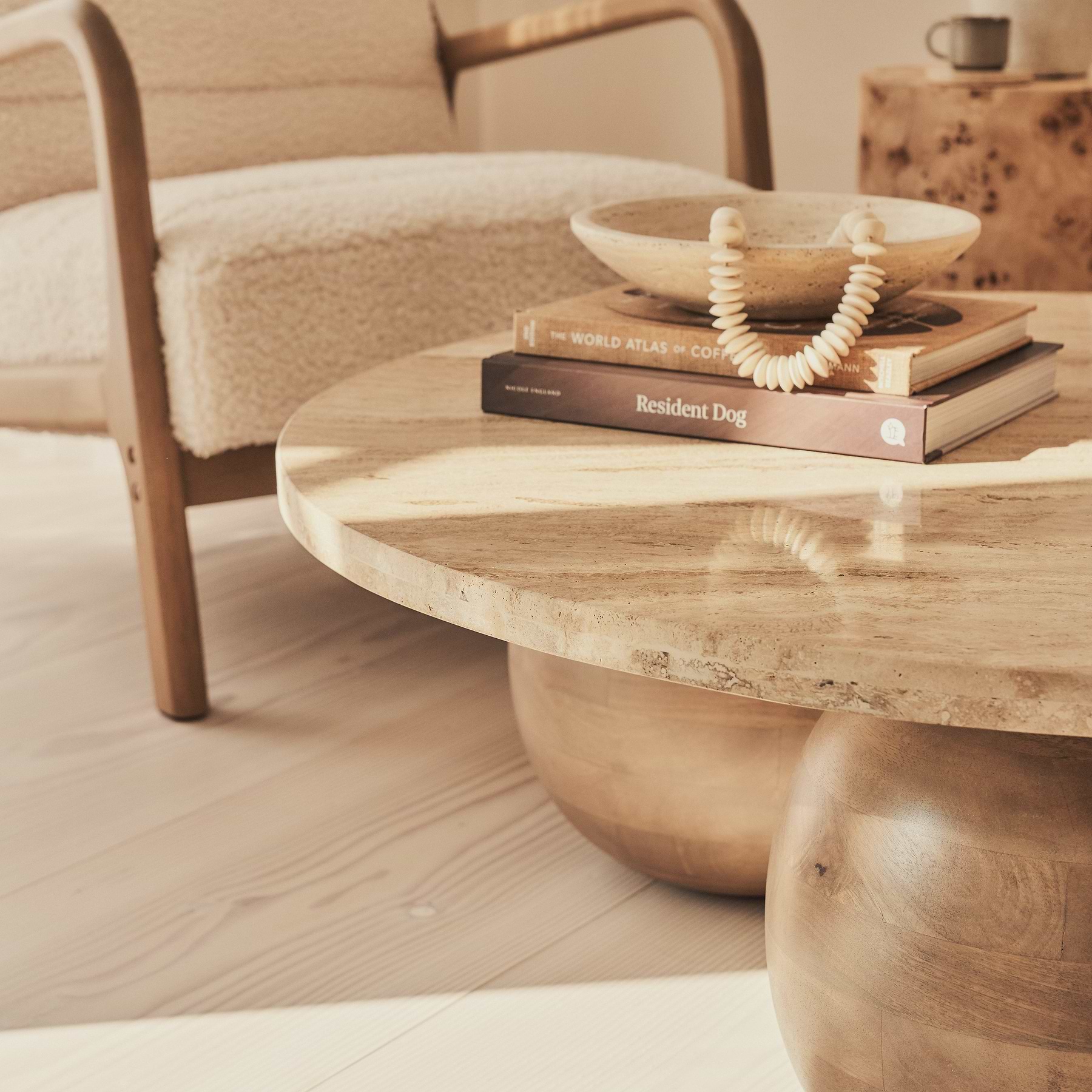 Melrose - Beige Travertine Round Warm Wood Premium Coffee Table