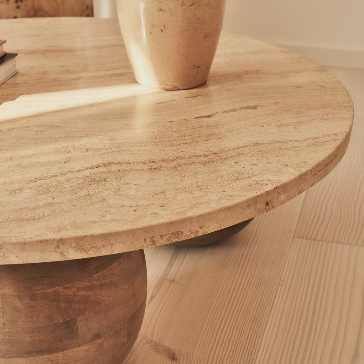 Melrose - Beige Travertine Round Warm Wood Premium Coffee Table