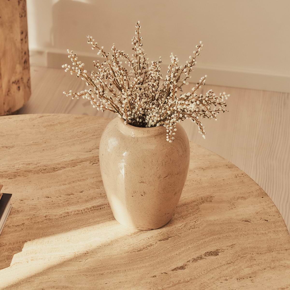 Melrose - Beige Travertine Round Warm Wood Premium Coffee Table