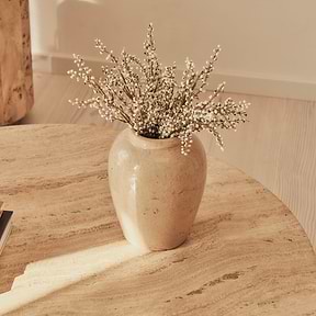 Melrose - Beige Travertine Round Warm Wood Premium Coffee Table