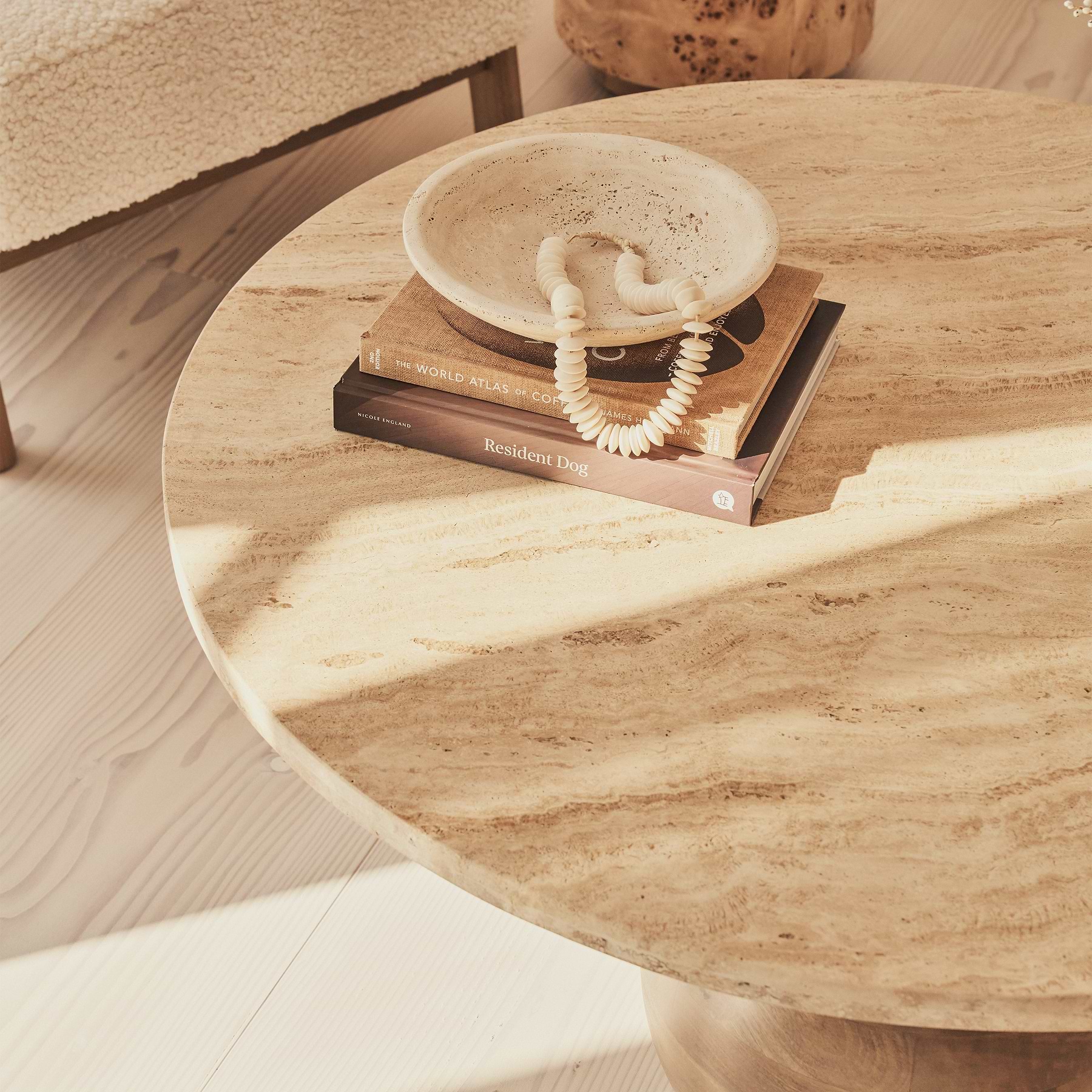 Melrose - Beige Travertine Round Warm Wood Premium Coffee Table