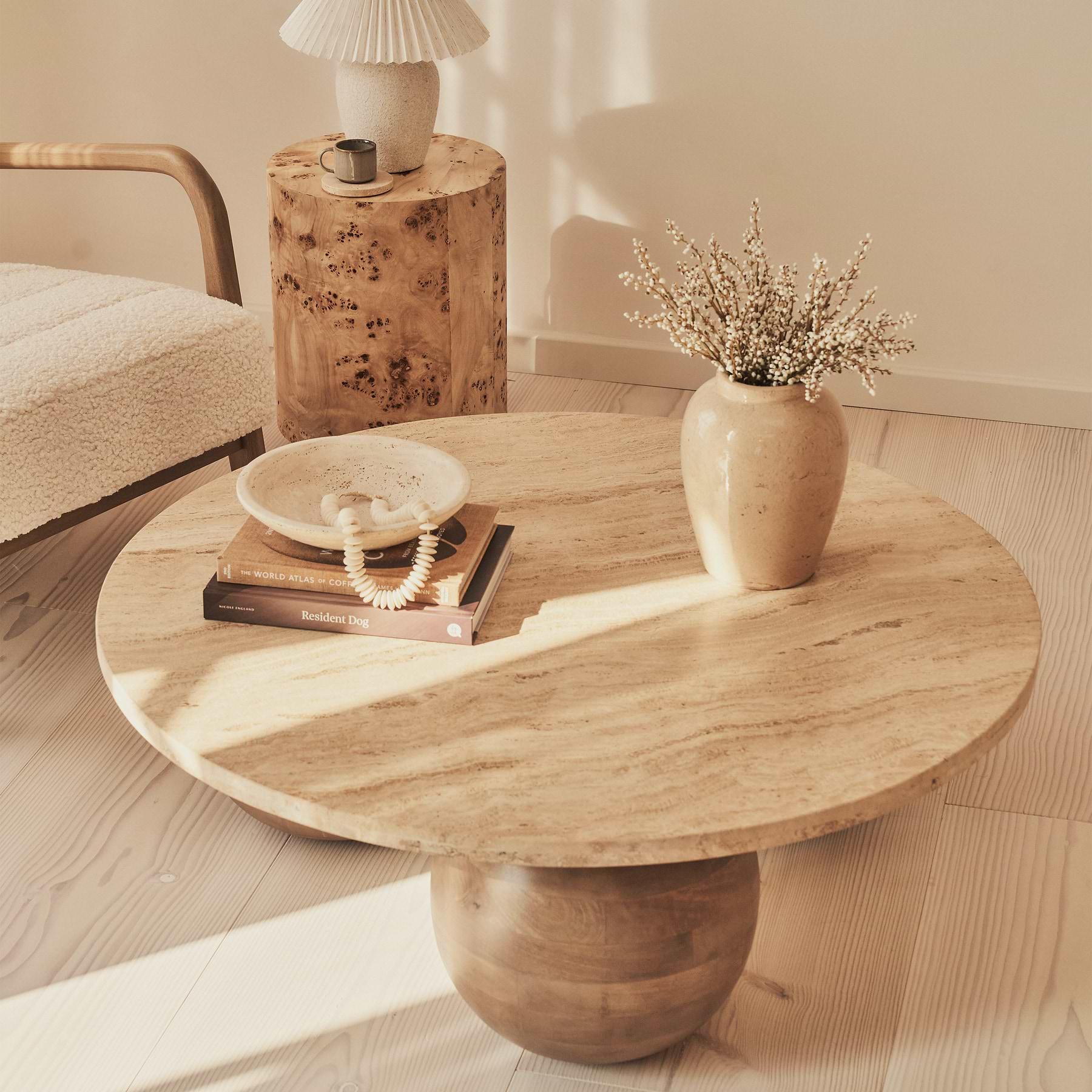 Melrose - Beige Travertine Round Warm Wood Premium Coffee Table