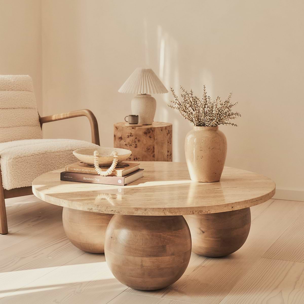 Melrose - Beige Travertine Round Warm Wood Premium Coffee Table