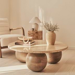 Melrose - Beige Travertine Round Warm Wood Premium Coffee Table