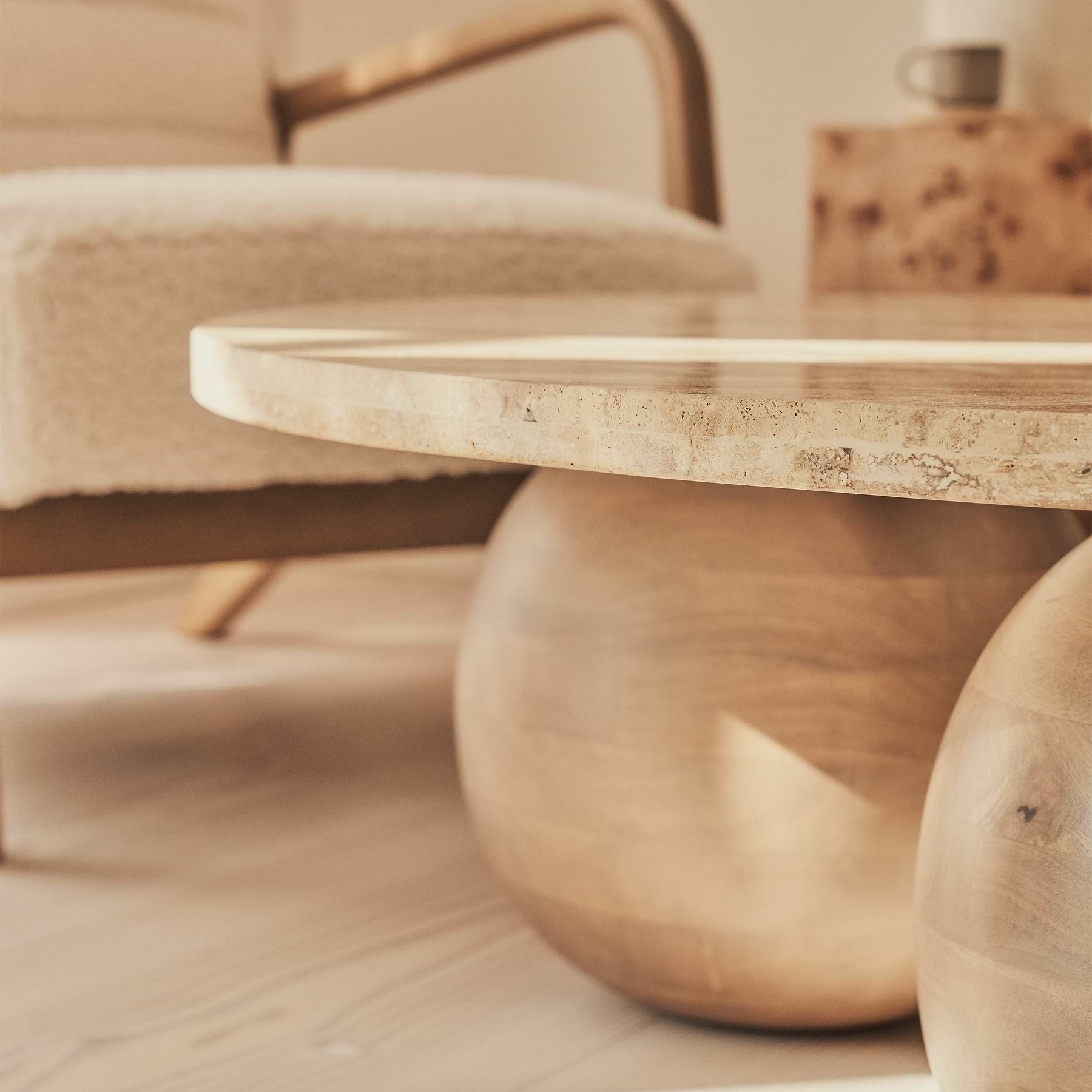 Melrose - Beige Travertine Round Warm Wood Premium Coffee Table