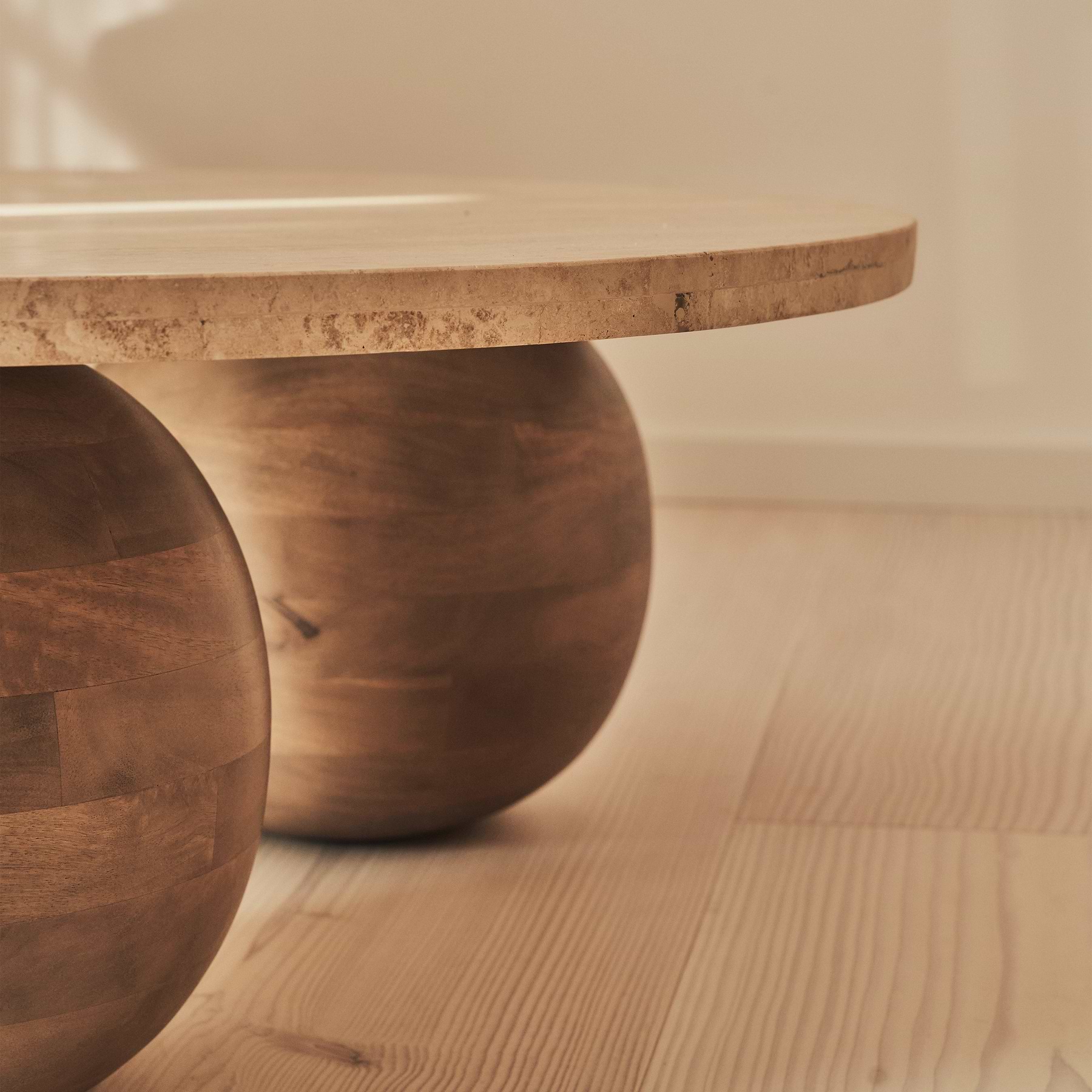 Melrose - Beige Travertine Round Warm Wood Premium Coffee Table