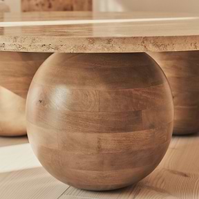 Melrose - Beige Travertine Round Warm Wood Premium Coffee Table