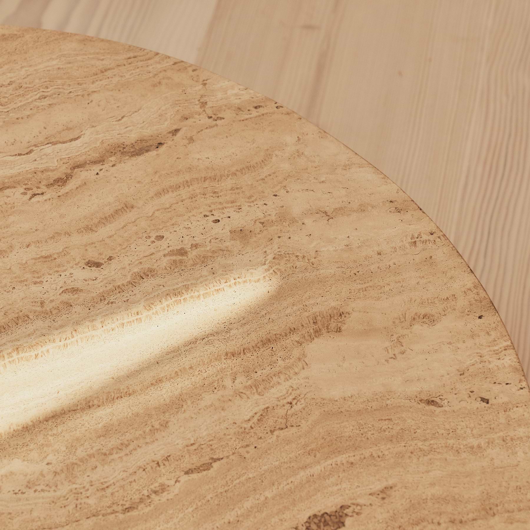 Melrose - Beige Travertine Round Warm Wood Premium Coffee Table