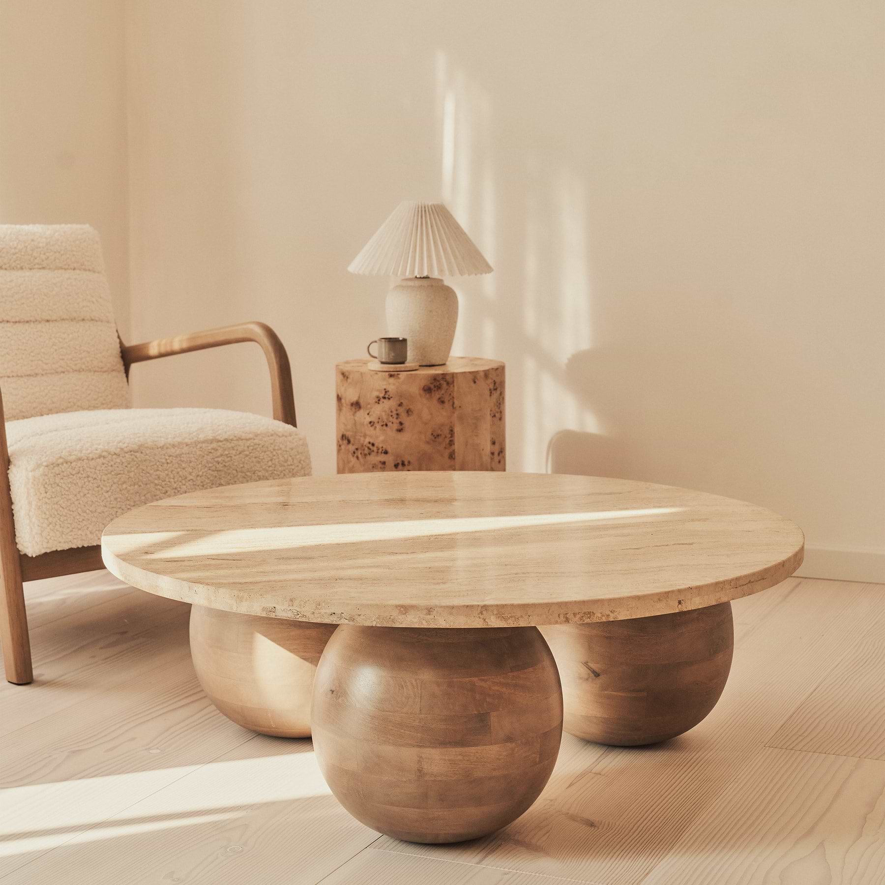 Melrose - Beige Travertine Round Warm Wood Premium Coffee Table