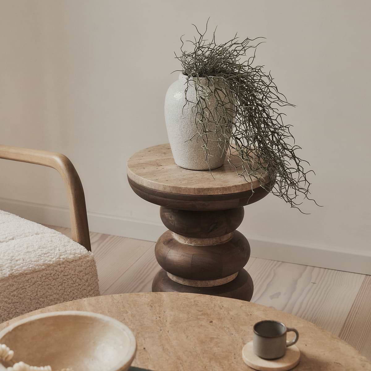 Belgravia - Beige Travertine Round Warm Wood Premium Side Table