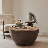 Lyra - Beige Travertine Round Warm Wood Premium Coffee Table