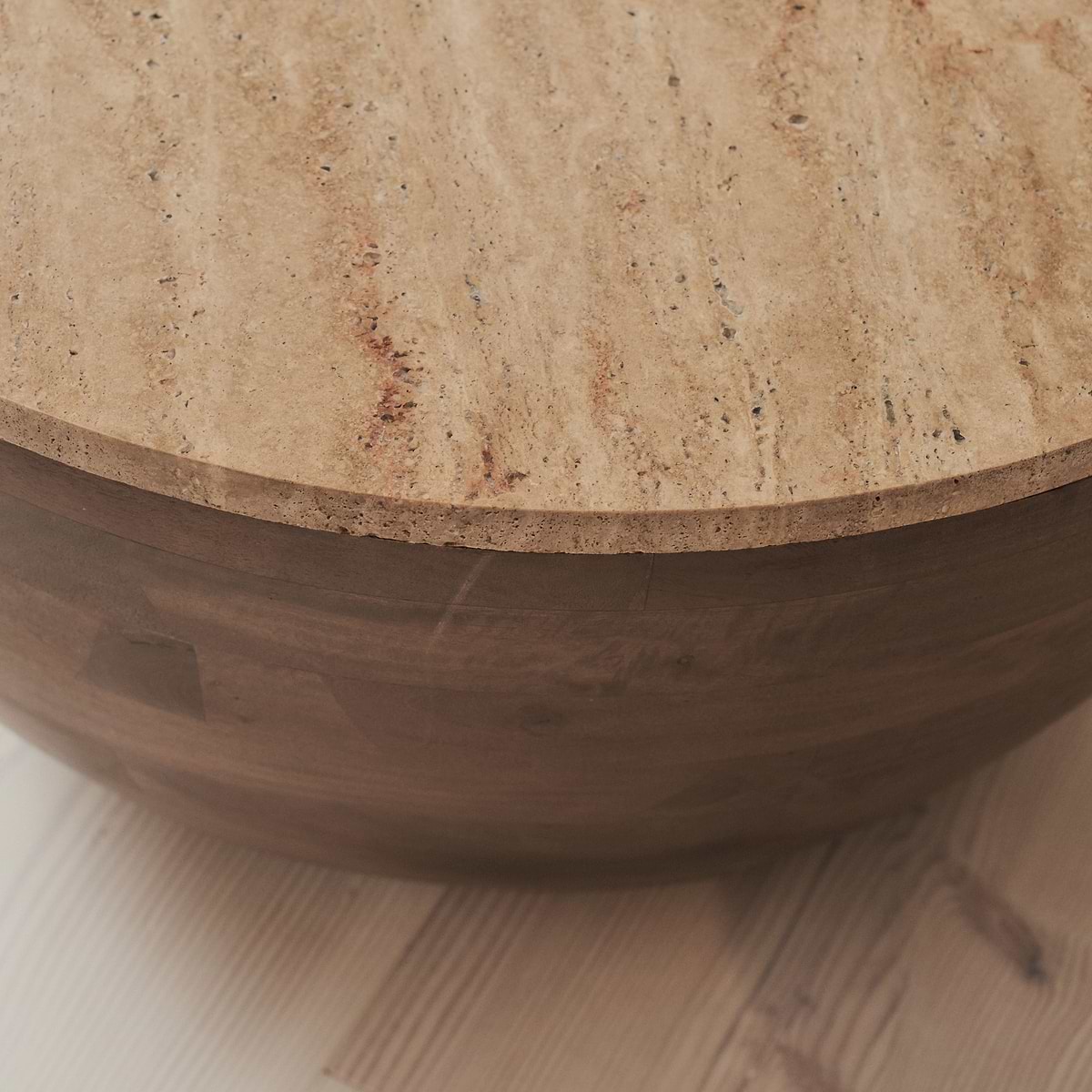 Lyra - Beige Travertine Round Warm Wood Premium Coffee Table