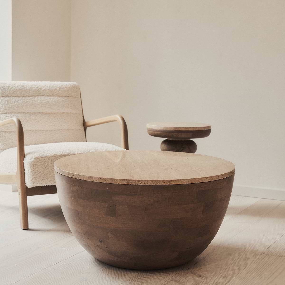 Lyra - Beige Travertine Round Warm Wood Premium Coffee Table