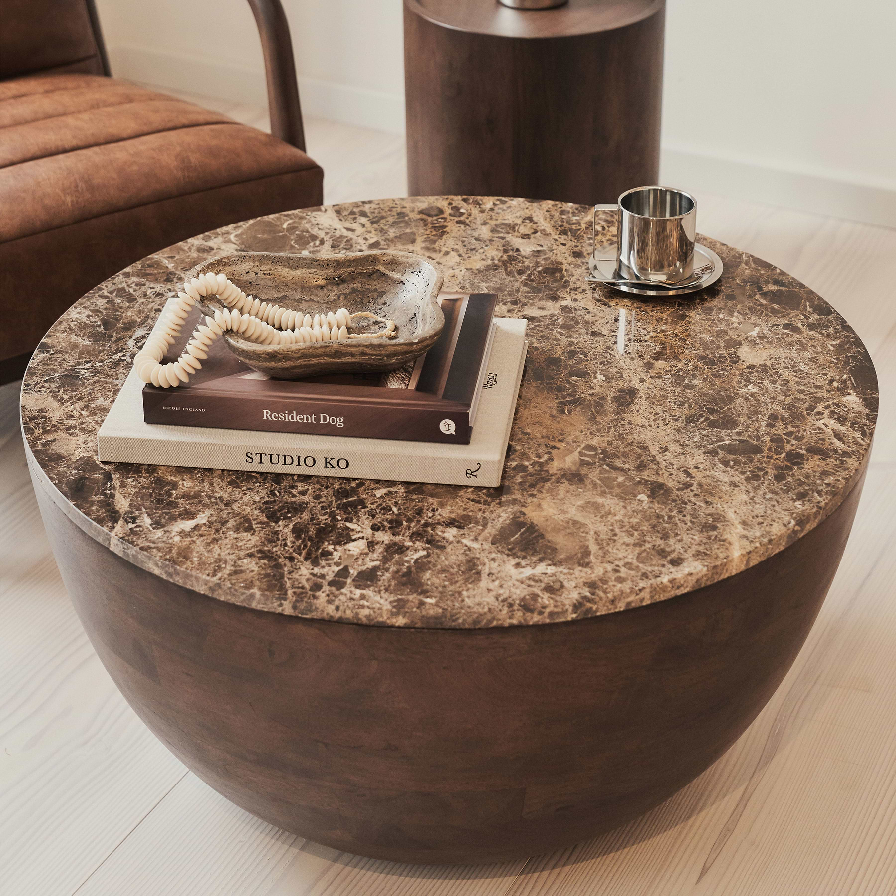 Lyra - Dark Emperador Marble Round Dark Wood Premium Coffee Table