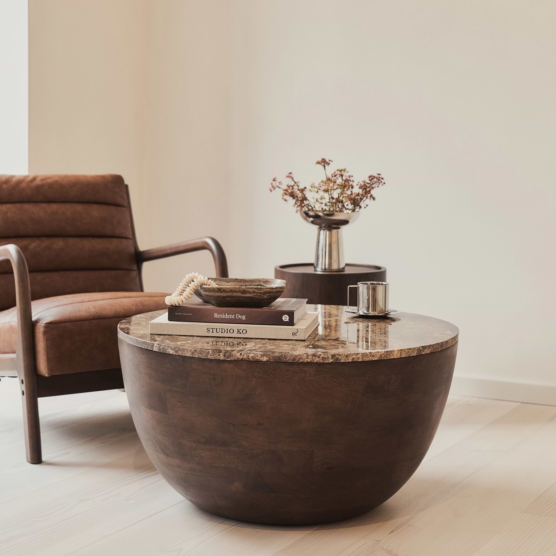 Lyra - Dark Emperador Marble Round Dark Wood Premium Coffee Table