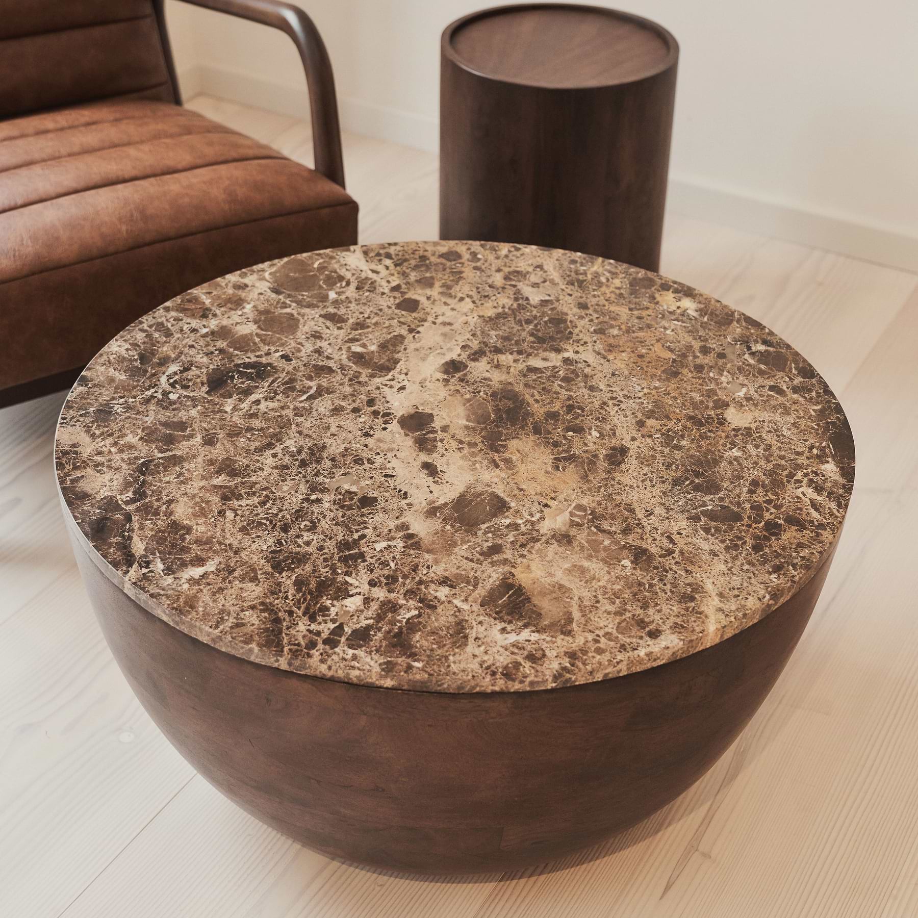 Lyra - Dark Emperador Marble Round Dark Wood Premium Coffee Table