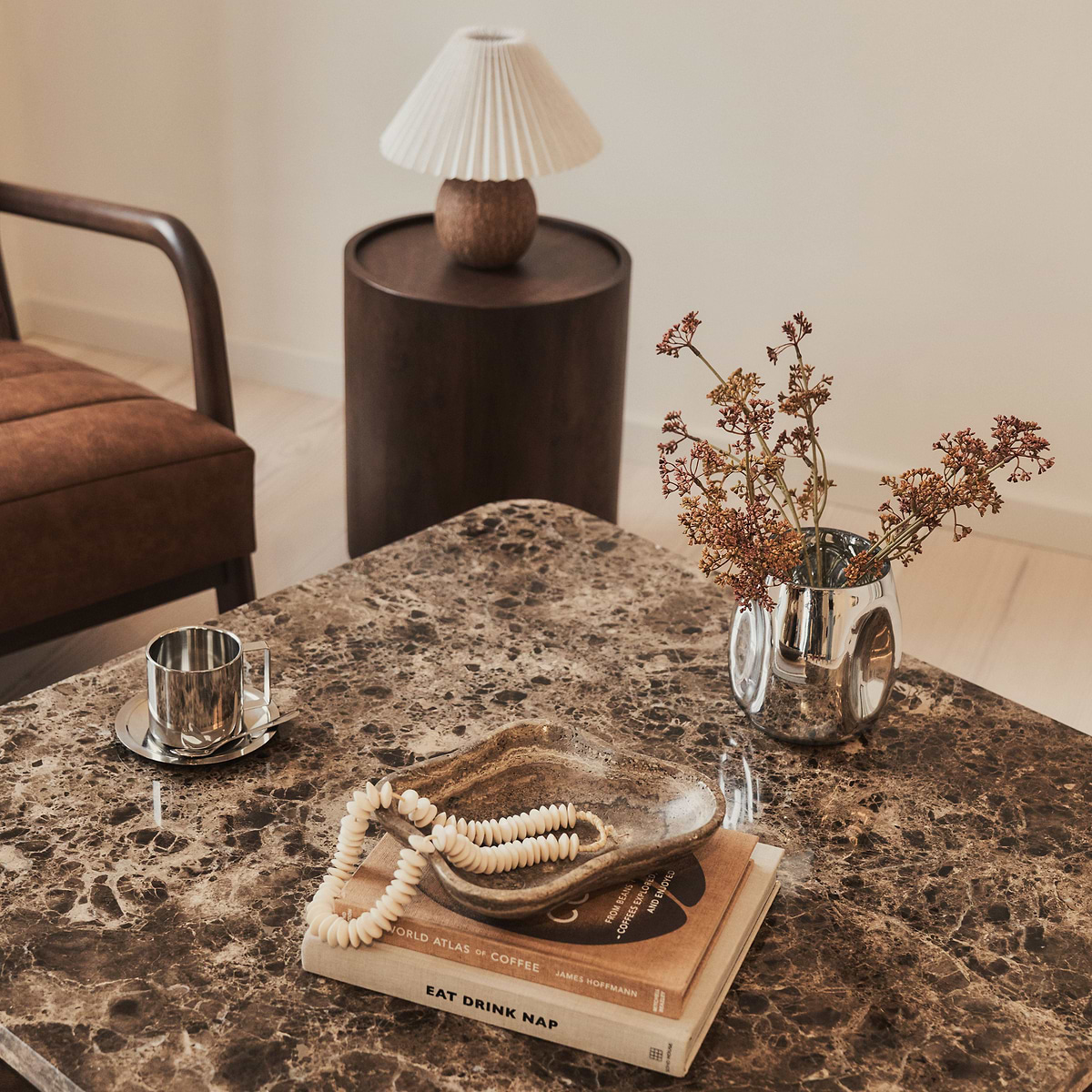 Melrose - Dark Emperador Marble Square Dark Wood Premium Coffee Table