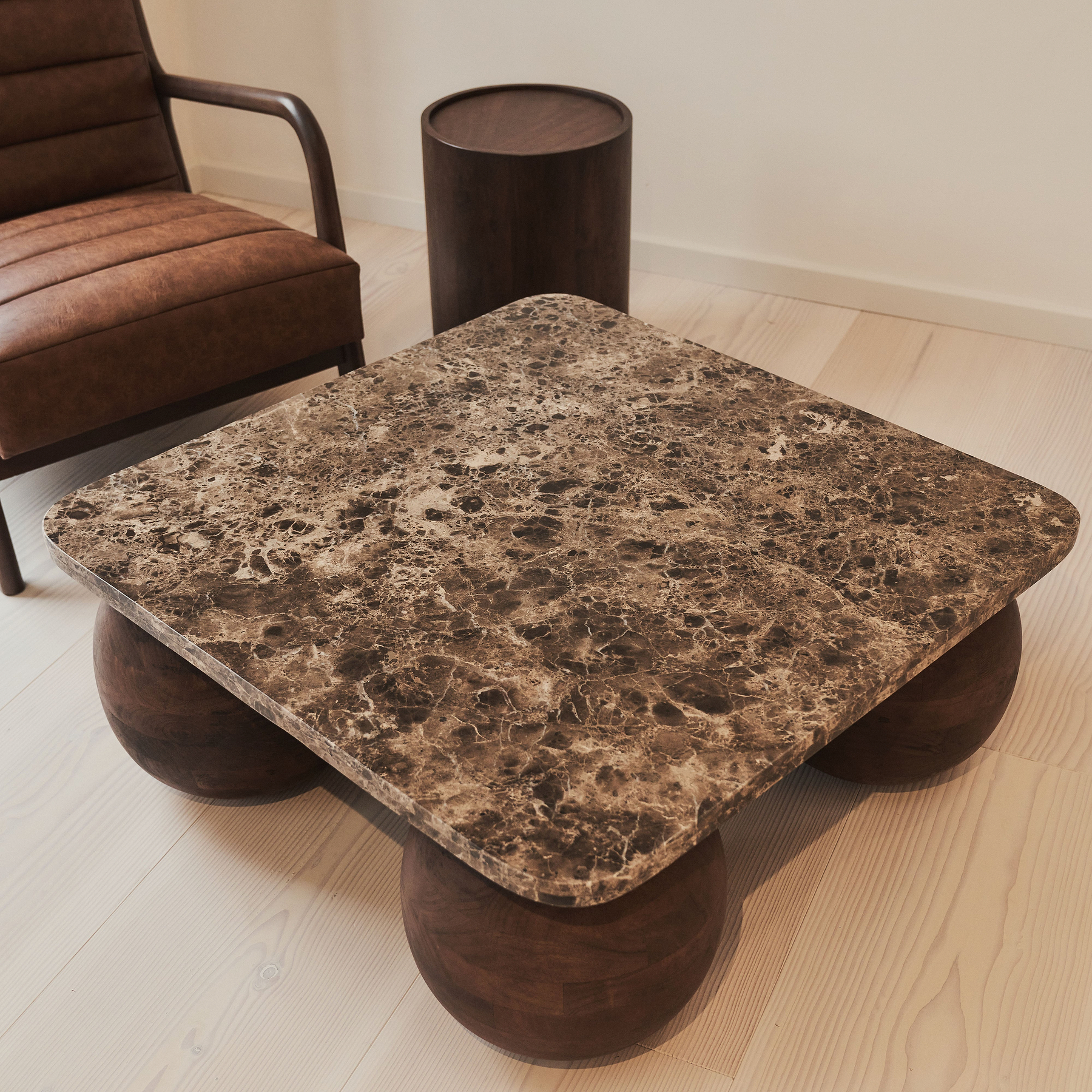 Melrose - Dark Emperador Marble Square Dark Wood Premium Coffee Table