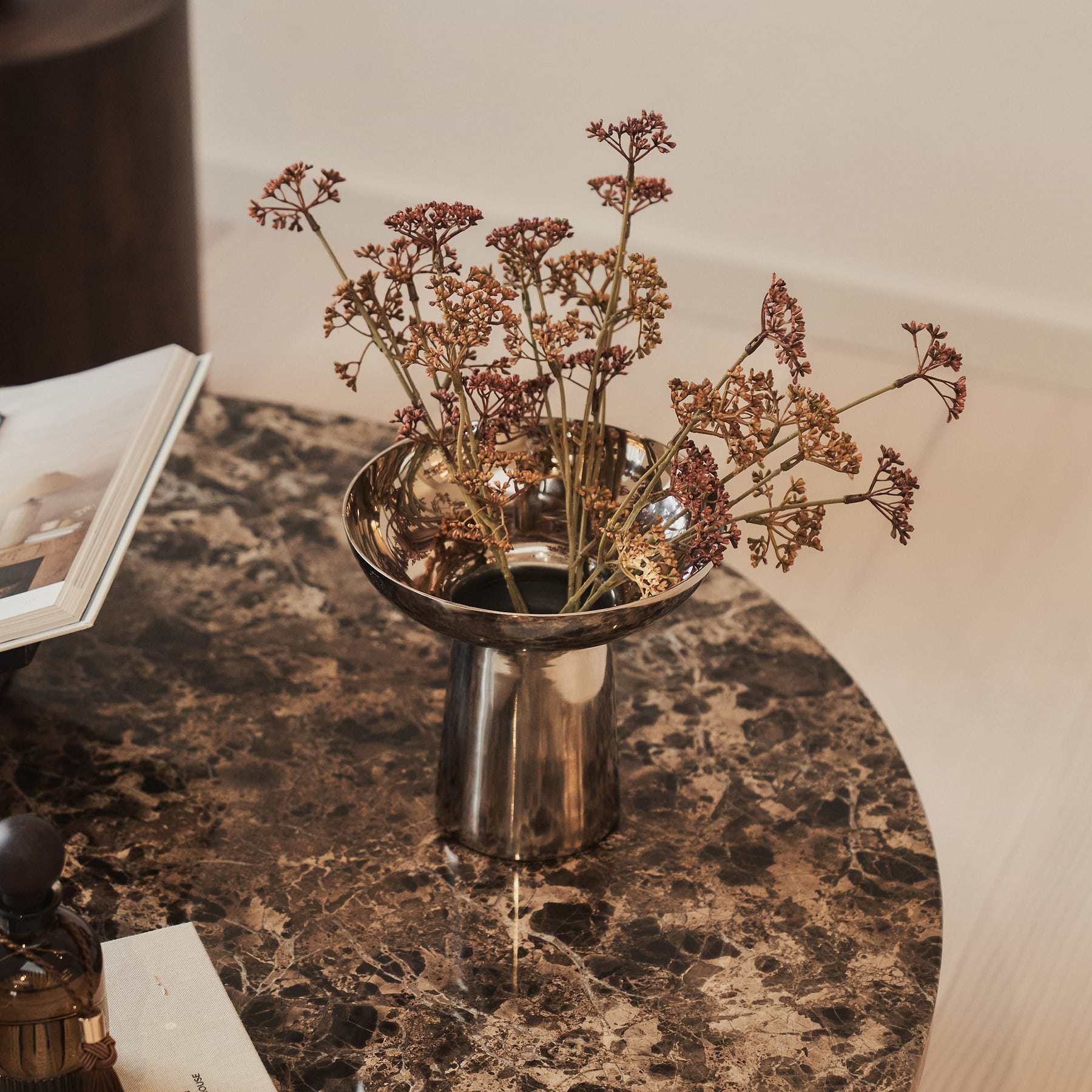 Melrose - Dark Emperador Marble Round Dark Wood Premium Coffee Table