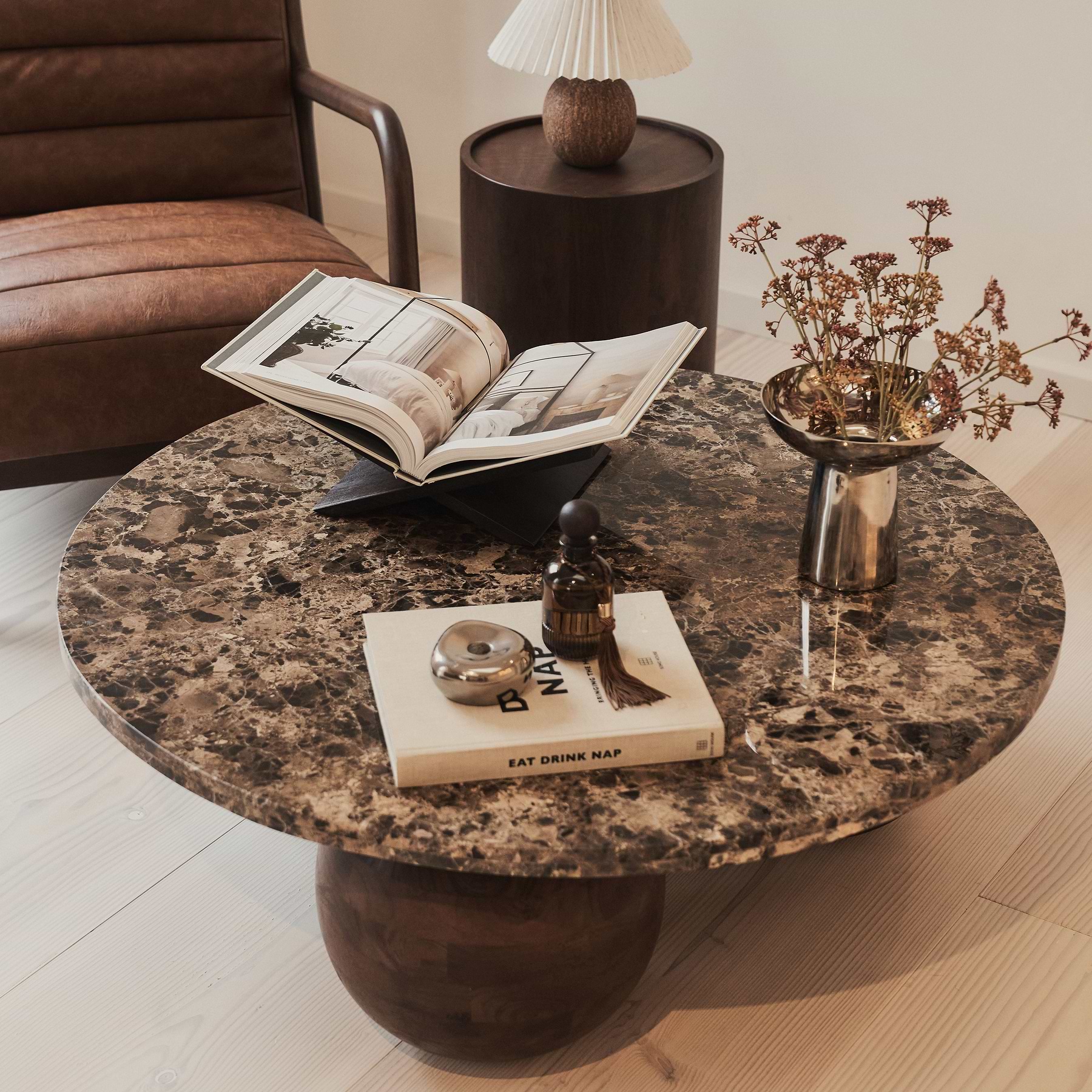 Melrose - Dark Emperador Marble Round Dark Wood Premium Coffee Table