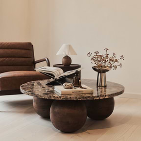 Melrose - Dark Emperador Marble Round Dark Wood Premium Coffee Table