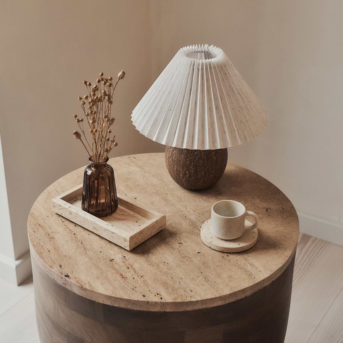Lyra - Beige Travertine Round Warm Wood Premium Side Table