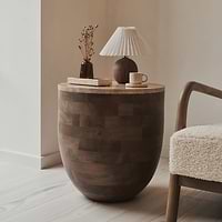 Lyra - Beige Travertine Round Warm Wood Premium Side Table
