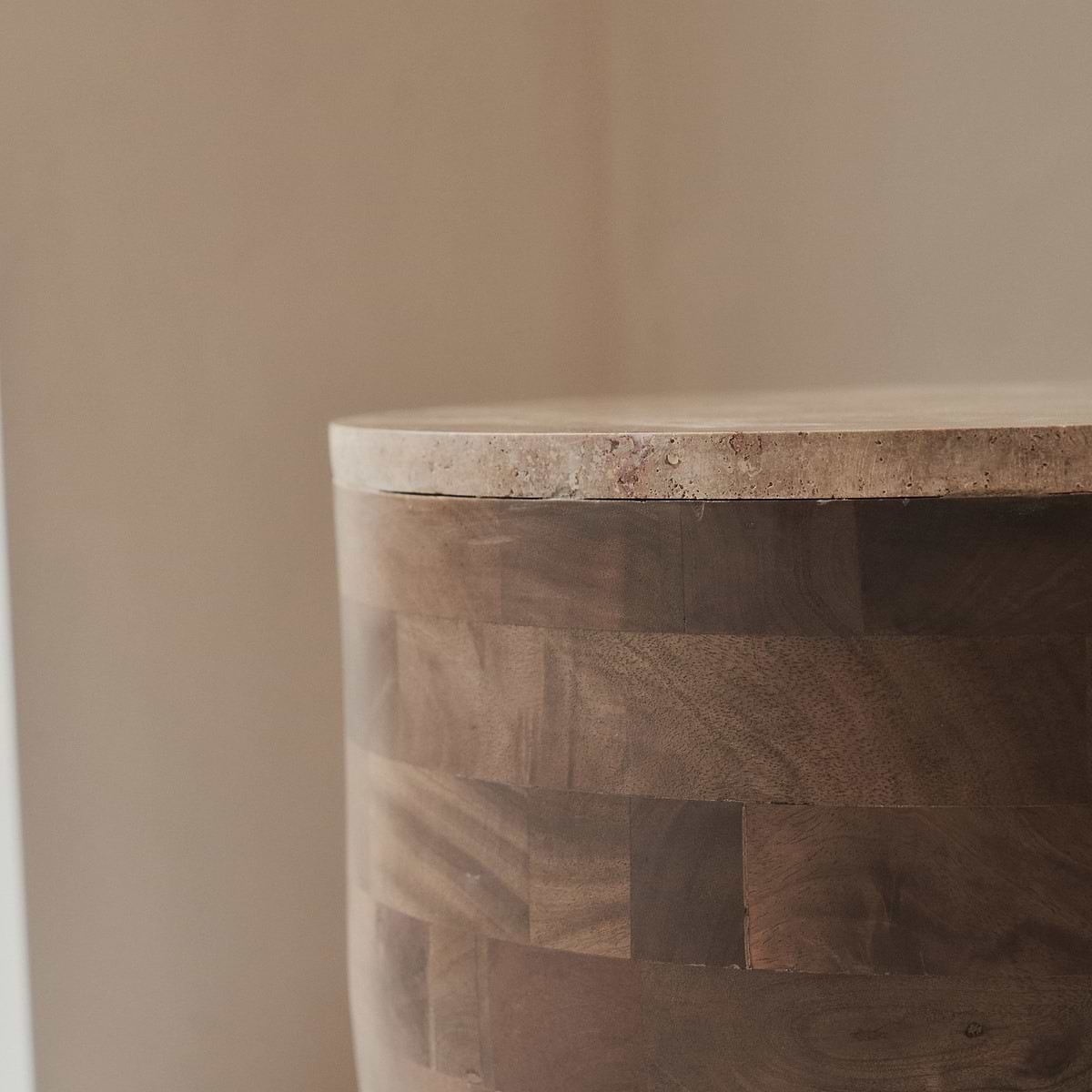 Lyra - Beige Travertine Round Warm Wood Premium Side Table