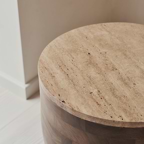 Lyra - Beige Travertine Round Warm Wood Premium Side Table