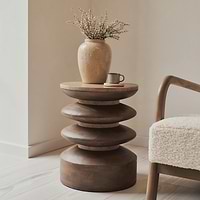 Orinthia - Beige Travertine Round Warm Wood Premium Side Table