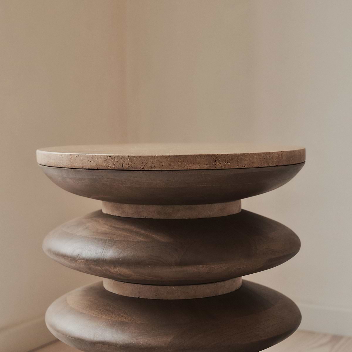 Orinthia - Beige Travertine Round Warm Wood Premium Side Table