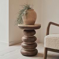 Belgravia - Beige Travertine Round Warm Wood Premium Side Table
